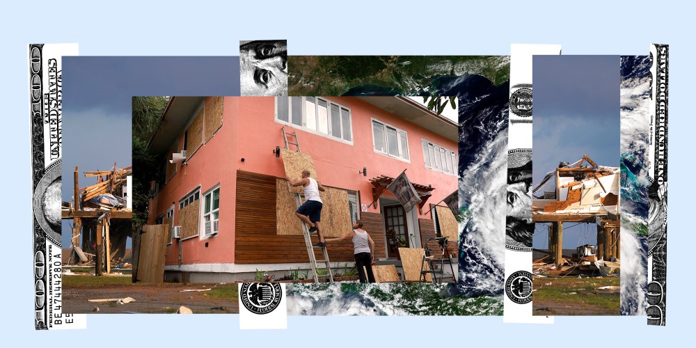 Photo collage: Images showing remnants of a destroyed house after Hurricane Ida and a man preparing his house for Hurricane Ian broken up with strips of a hundred dollar bill.