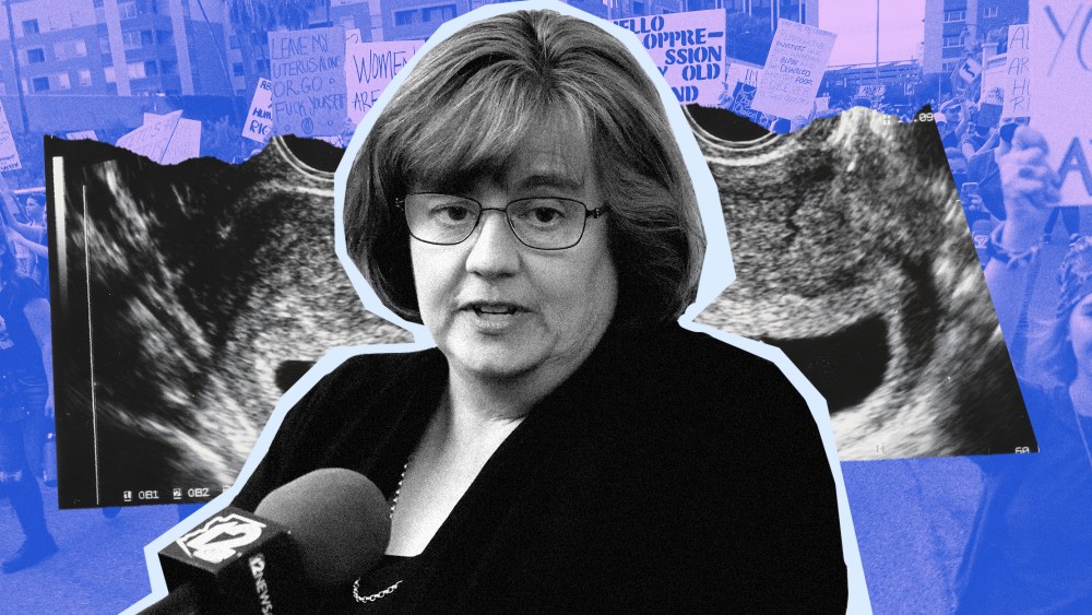 Photo illustration: Cutout of Maricopa County Attorney Rachel Mitchell against a paper showing parts of a sonogram against a background image showing abortion rights protestors.