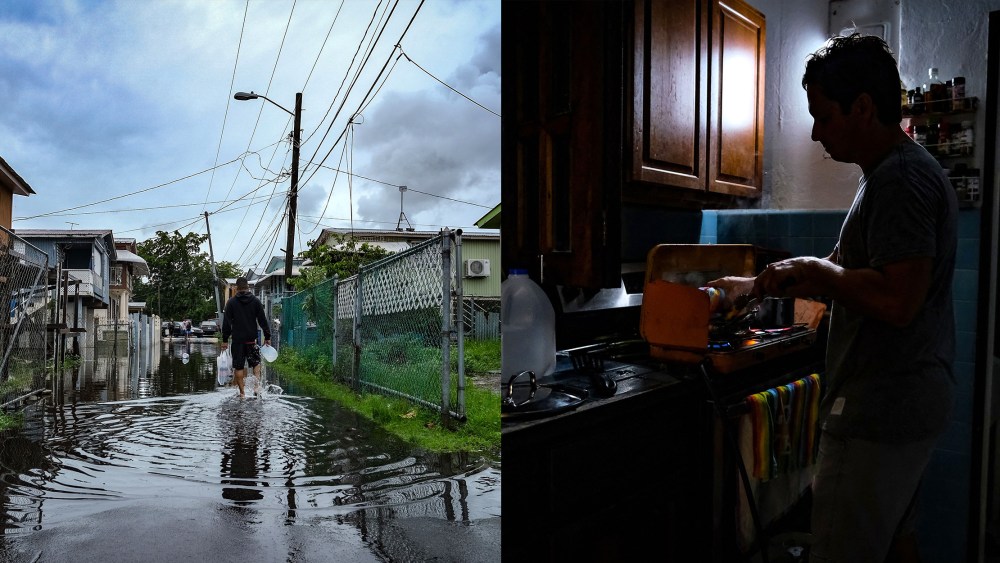 Photo diptych: A man walks down a flooded street in Catano, Puerto Rico after Hurricane Fiona and a person cooks in the dark in a home in San Juan, Puerto Rico.