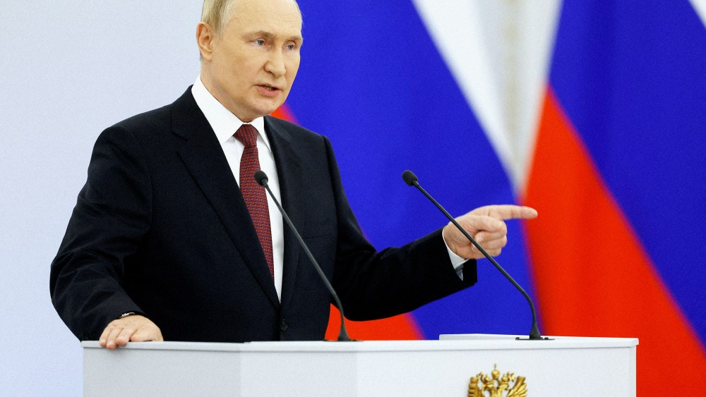 Russian President Vladimir Putin gives a speech during a ceremony formally annexing four regions of Ukraine Russian troops occupy on Friday.