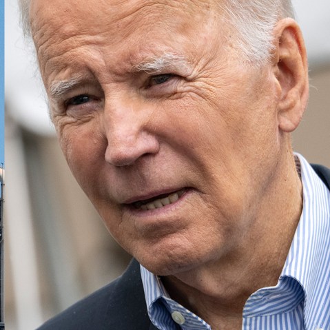 Photo collage: Image of Joe Biden against an image of an oil refinery.
