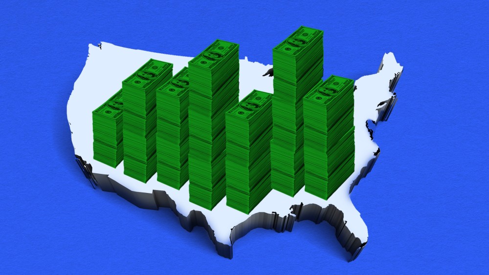 Photo illustration: Heaps of money piling over a map of United States.