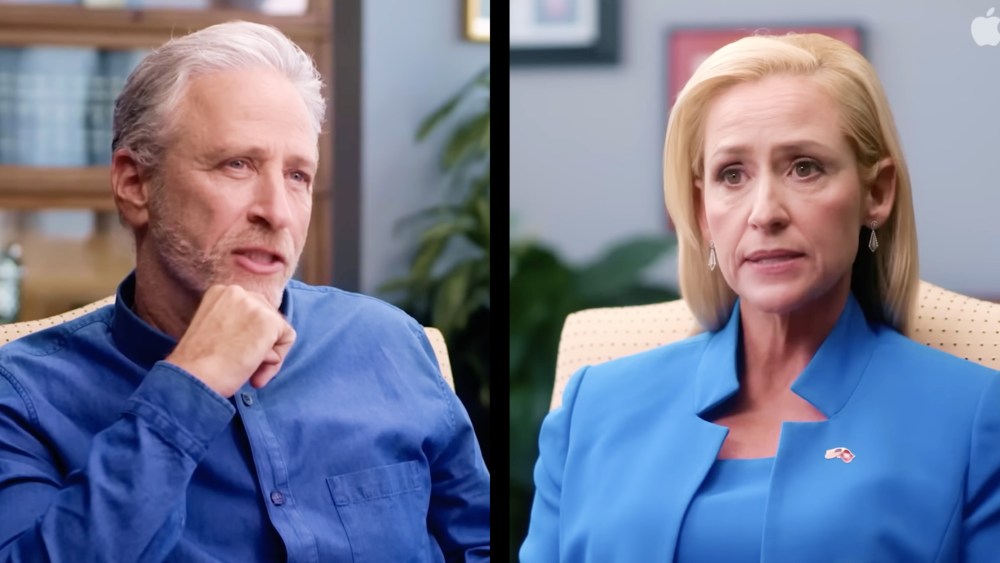 Photo diptych: Jon Stewart and Arkansas Attorney General Leslie Rutledge in stills from "The Problem with Jon Stewart".