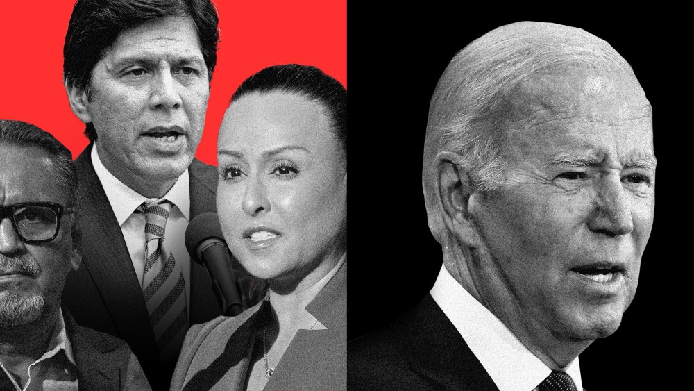 Photo collage: L.A. City Council members Gil Cedillo, Kevin DeLeon, Nury Martinez against a red background and Joe Biden against a black background.