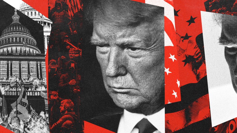 Photo Illustration of rioters at the Capitol on Jan. 6, 2021, and former President Donald Trump, with an American flag