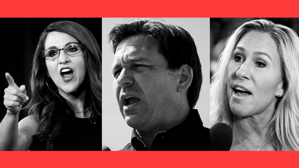 Photo composite: Images of Lauren Boebert, Ron DeSantis and Marjorie Taylor Greene inside a red frame.
