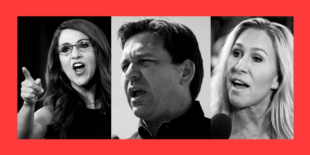 Photo composite: Images of Lauren Boebert, Ron DeSantis and Marjorie Taylor Greene inside a red frame.