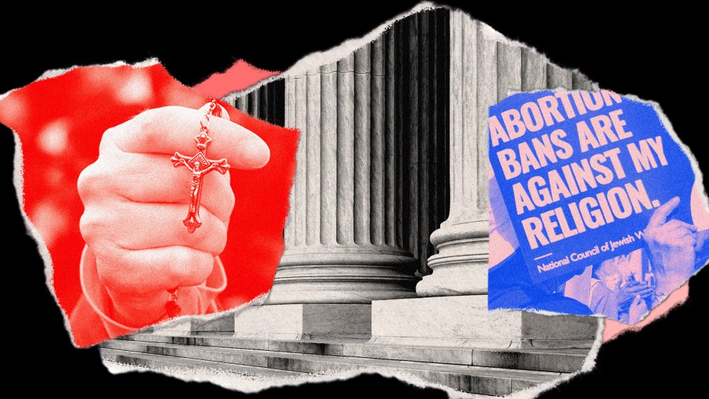 Photo collage: Pieces of paper showing an image of a hand holding a rosary, the steps and columns of the Supreme Court and a hand holding a sign that reads,"Abortion bans are against my religion".
