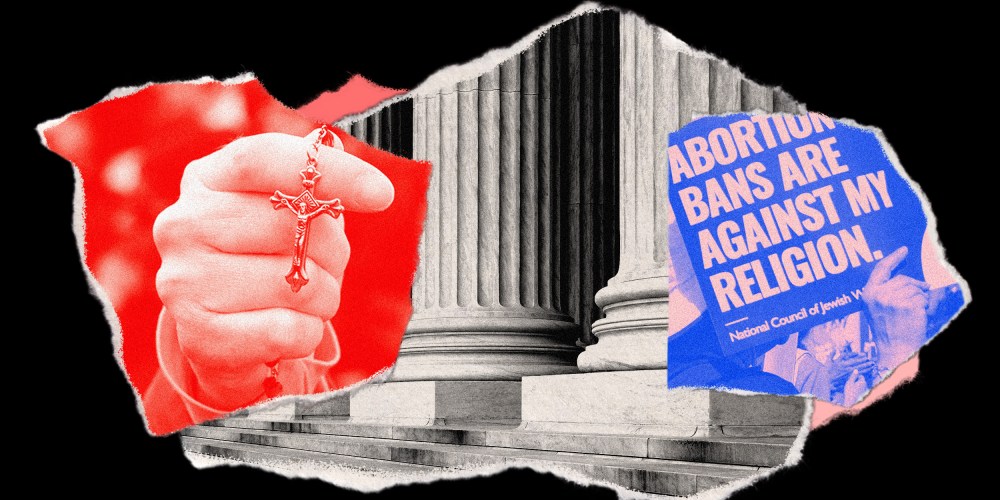 Photo collage: Pieces of paper showing an image of a hand holding a rosary, the steps and columns of the Supreme Court and a hand holding a sign that reads,"Abortion bans are against my religion".