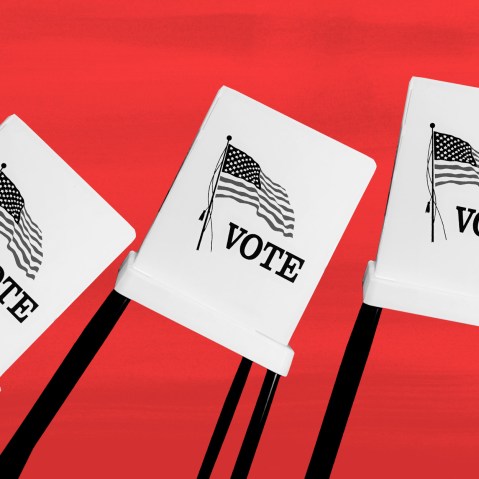 Photo illustration: A row of voting booths toppling over.