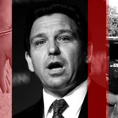 Photo collage: Screen grabs showing a close up of a hand getting cuffed and a police officer detaining Tony Patterson outside his Tampa home on either sides of an image of Ron DeSantis..