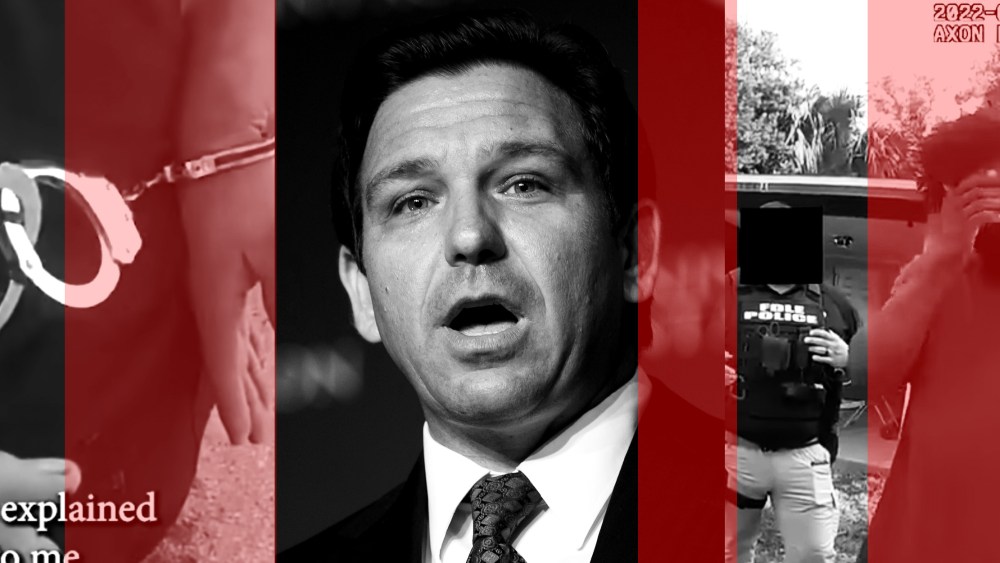 Photo collage: Screen grabs showing a close up of a hand getting cuffed and a police officer detaining Tony Patterson outside his Tampa home on either sides of an image of Ron DeSantis..