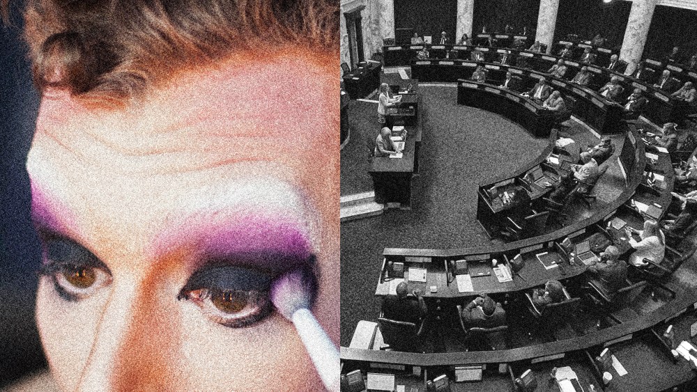 Photo diptych: Close up of a young man applying eye make up and a session of the Idaho House of Representatives at the Statehouse in Boise, Idaho.