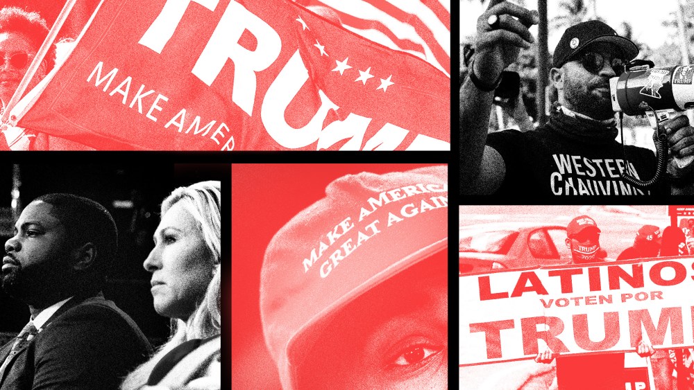 Photo collage: Images of a Black woman holding a Trump flag, Enrique Tarrio, leader of the Proud Boys, holding a megaphone, a man holding a sign that reads,"Latinos voten por Trump, Black man wearing a MAGA hat, Byron Donalds with Marjorie Taylor Greene.