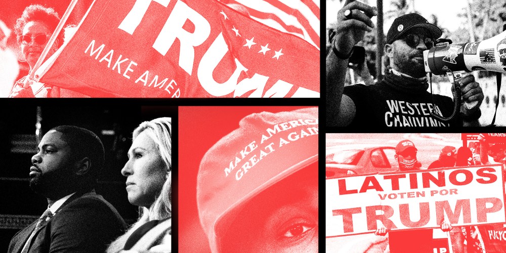 Photo collage: Images of a Black woman holding a Trump flag, Enrique Tarrio, leader of the Proud Boys, holding a megaphone, a man holding a sign that reads,"Latinos voten por Trump, Black man wearing a MAGA hat, Byron Donalds with Marjorie Taylor Greene.