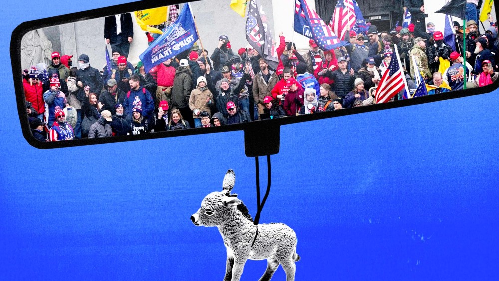 Photo Illustration: A donkey charm hands from a rearview mirror, reflecting a scene from the Jan. 6 riot at the Capitol
