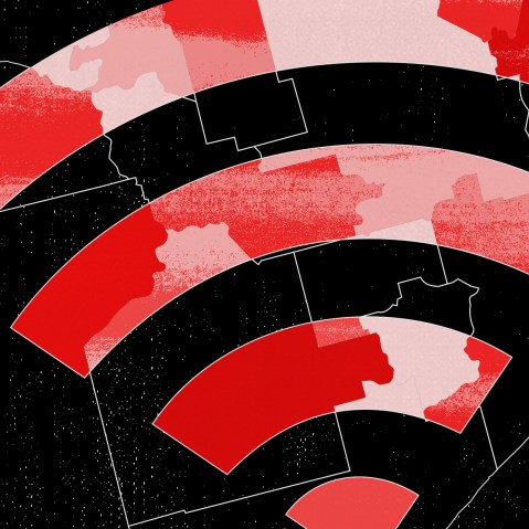 Illustration: Wireless network icon is divided along the lines on a map.