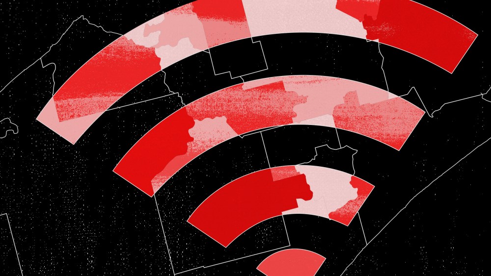 Illustration: Wireless network icon is divided along the lines on a map.