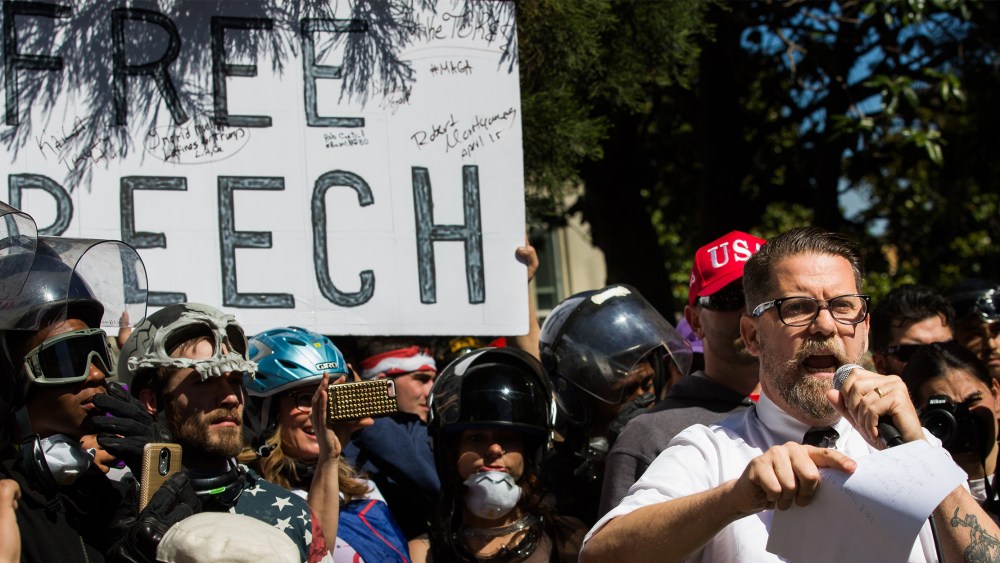 Image: Gavin McInness addressing the crowd at a rally in protest of the cancellation of a planned talk by Ann Coulter on the campus of the University of California Berkeley.