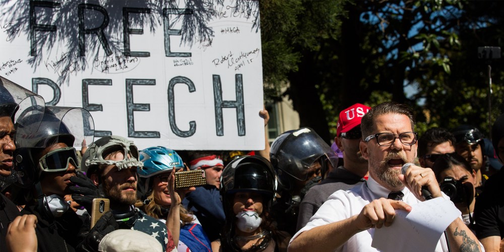 Image: Gavin McInness addressing the crowd at a rally in protest of the cancellation of a planned talk by Ann Coulter on the campus of the University of California Berkeley.
