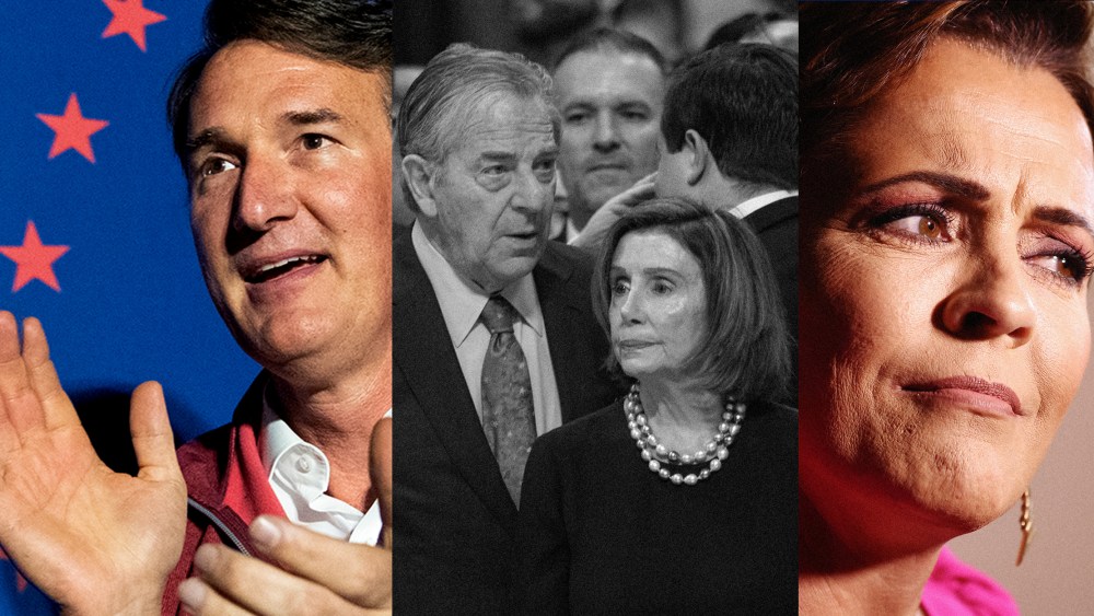 Photo triptych: Glenn Youngkin, Paul Pelosi and Nancy Pelosi and Kari Lake