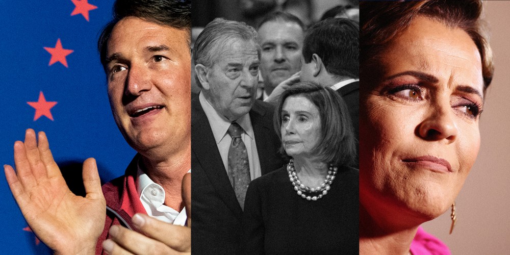 Photo triptych: Glenn Youngkin, Paul Pelosi and Nancy Pelosi and Kari Lake