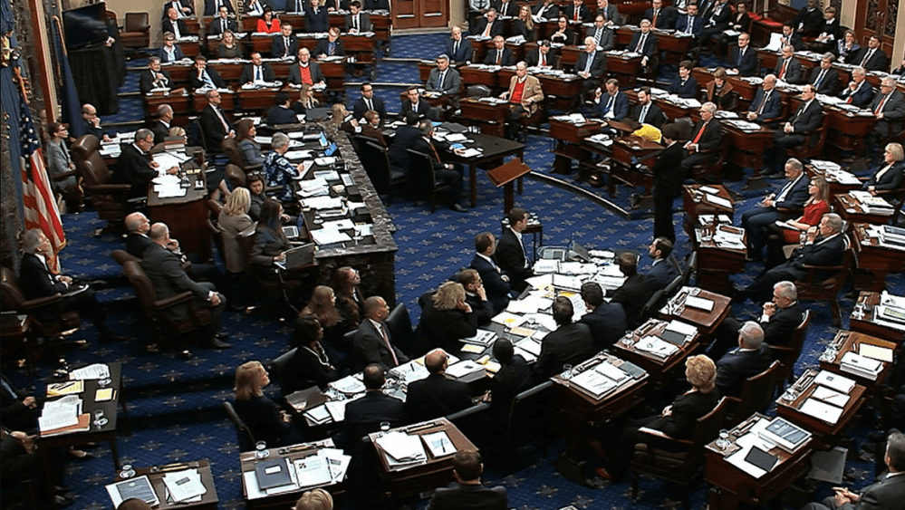 Senators gather for the impeachment trial of President Donald Trump.