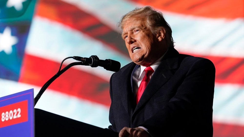 Former President Donald Trump speaks at a campaign rally in support of the campaign of Ohio Senate candidate JD Vance at Wright Bros. Aero Inc. at Dayton International Airport on Monday, Nov. 7, 2022, in Vandalia, Ohio.