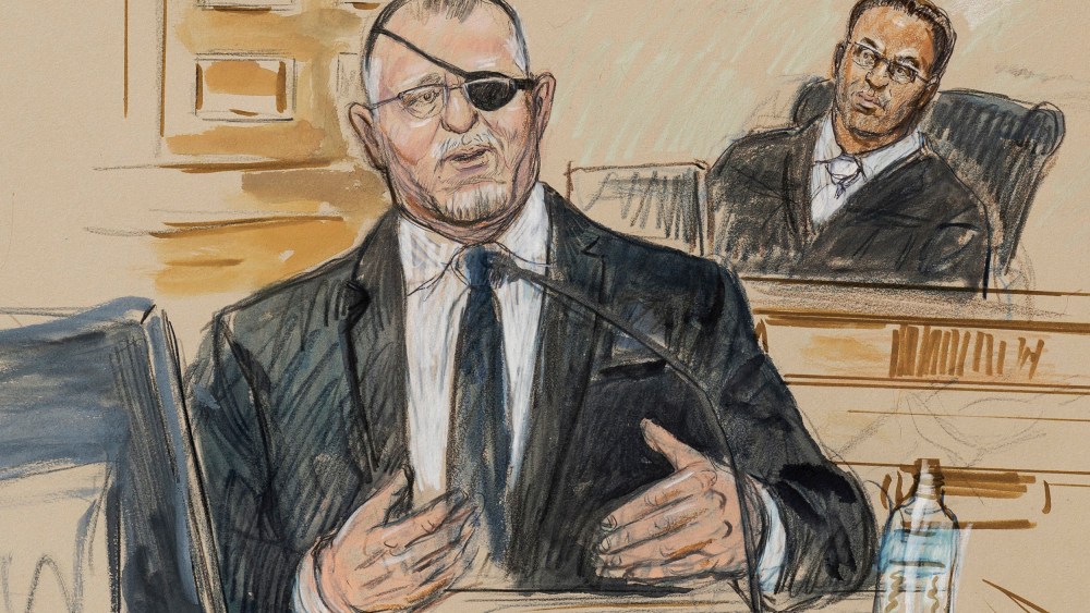 Image: A courtroom sketch depicts the trial of Oath Keepers leader Stewart Rhodes as he testifies before U.S. District Judge Amit Mehta.