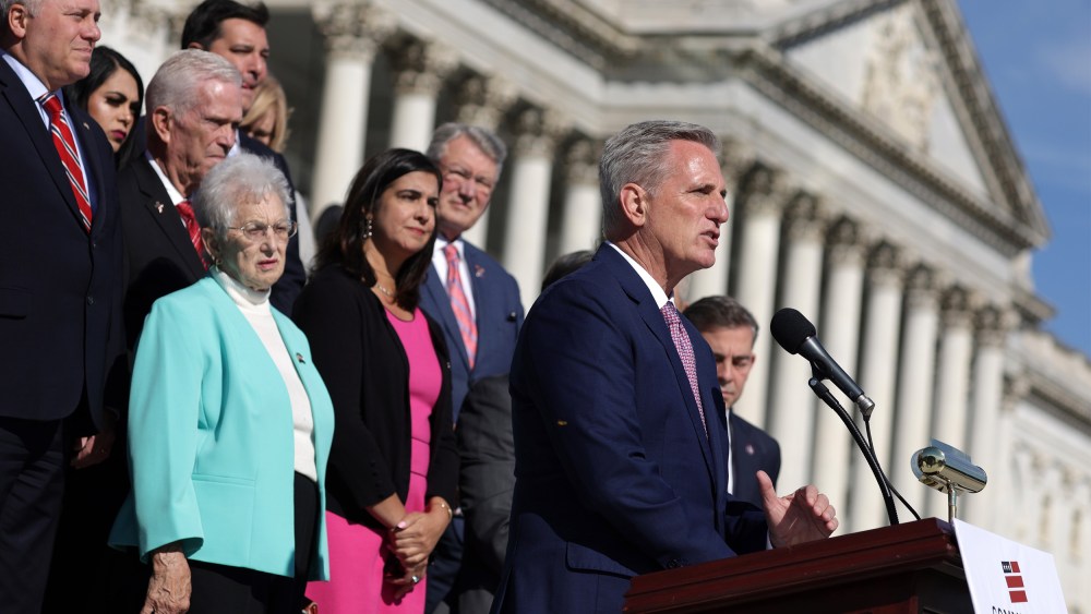 Image: Rep. Kevin McCarthy (R-CA) speaks as other House Republicans listen during a news conference at the East Steps of the Capitol.