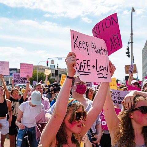 Abortion rights demonstrators protest the Supreme Court's decision in the Dobbs v Jackson Women's Health case