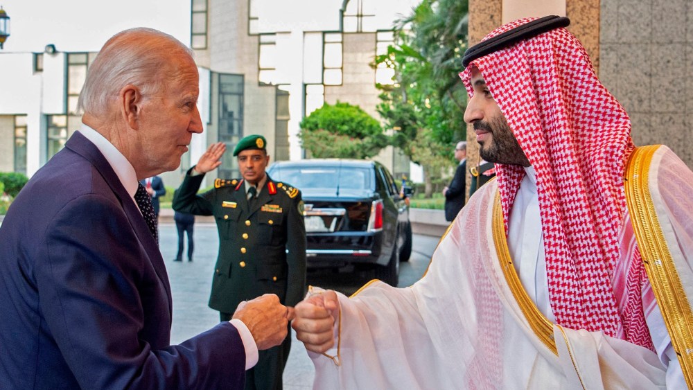 Image: President Joe Biden bumps fists with Saudi Crown Prince Mohammed bin Salman at Al-Salam Palace in the Red Sea port of Jeddah.