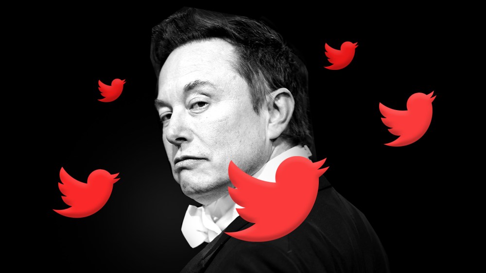 Photo illustration: Elon Musk encircled by red colored Twitter logos.