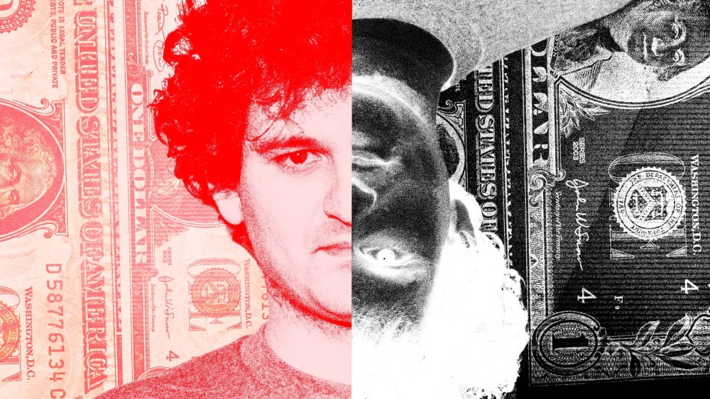 Photo Illustration: A portrait of Sam Bankman Fried split in half against a background of currency