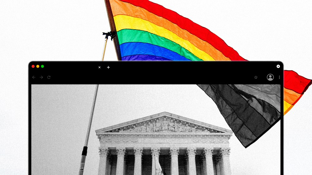 Photo illustration: Part of a photo of a pride flag waving over the Supreme Court seen through a web browser window is black and white.