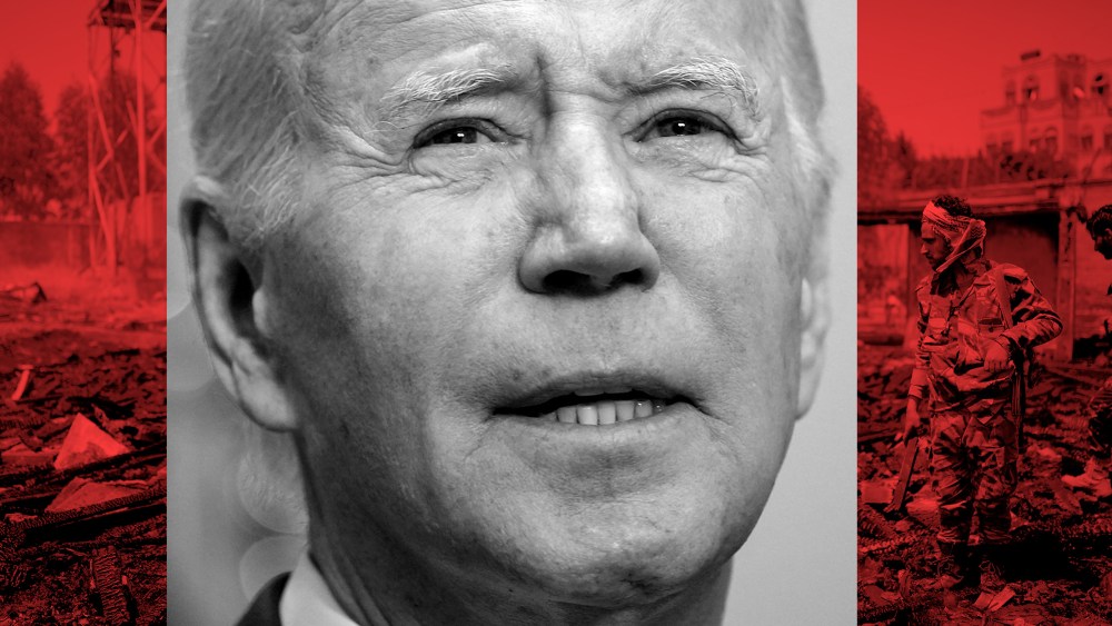 Photo illustration: Image of Joe Biden against an image with red overlay of Yemeni policemen inspecting a site that was damaged by an air strike allegedly carried out by the Saudi-led coalition.