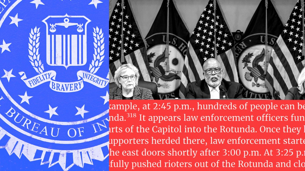 Photo collage: Images of the FBI seal, Member of the House select committee investigating the attack on the U.S. Capitol, Zoe Lofgren, Bennie Thompson and Liz Cheney and an excerpt from the January 6 Committee Report.