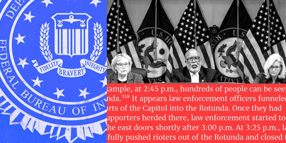Photo collage: Images of the FBI seal, Member of the House select committee investigating the attack on the U.S. Capitol, Zoe Lofgren, Bennie Thompson and Liz Cheney and an excerpt from the January 6 Committee Report.