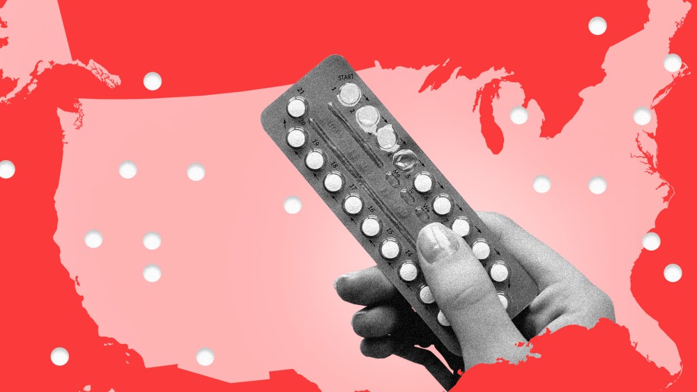Photo illustration: A hand holding a strip of birth control pills inside the map of the United States of America. Punched out white holes can be seen across the map.