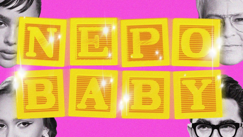 Photo illustration of shiny, golden alphabet blocks spelling "NEPO BABY," with the faces of Zoe Kravitz, Jamie Lee Curtis, Lily Rose-Depp, and Dan Levy.