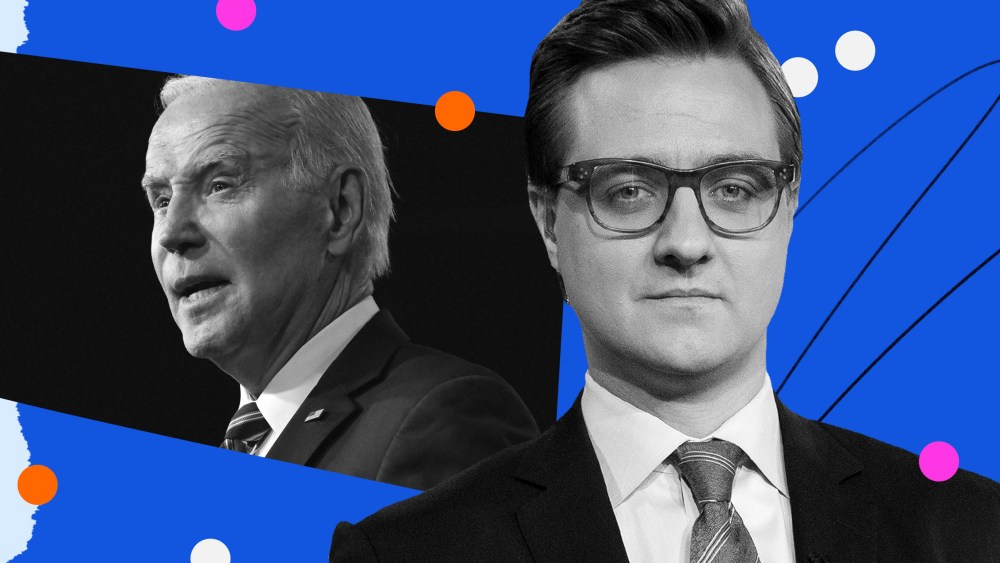 Photo Illustration: A collage of Chris Hayes and Joe Biden with multi-colored dots