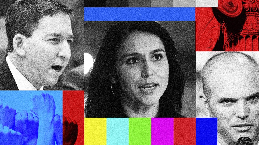 Photo collage: Images of Glenn Greenwald, Tulsi Gabbard and Matt Taibbi amidst images of fists up in the air in protest, details of an architectural column and screen static colors.