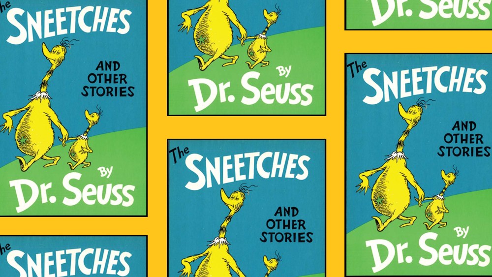 Photo illustration: Repeated covers of the book,"The Sneetches and other stories" by Dr. Seuss on a yellow background.