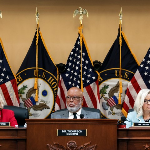 Rep. Zoe Lofgren, Rep. Bennie Thompson, and Rep. Liz Cheney during a hearing on the January 6th investigation in the Cannon House Office Building on June 13, 2022 in Washington, DC.