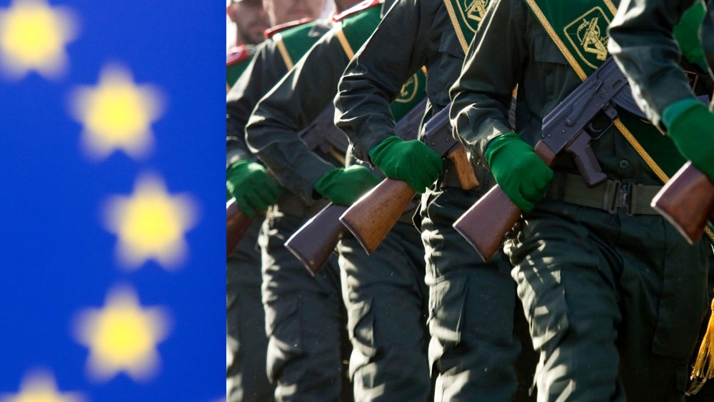 Photo diptych: Close up of the European Union flag and members of Iran's Revolutionary Guards participating in a military parade.