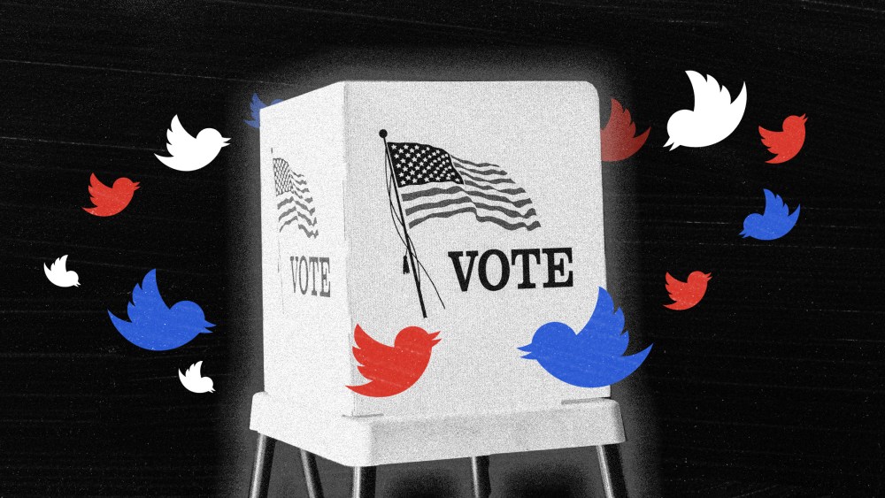 Photo illustration: A voting booth surrounded by Twitter logos in red, white and blue colors.