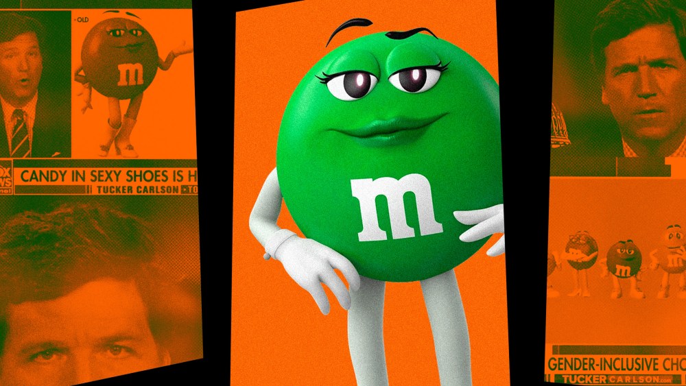 Photo illustration of Tucker Carlson on his Fox News cable show talking about M&M's; the green M&M.