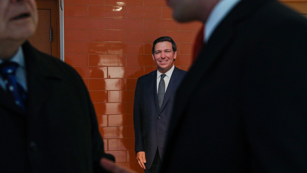 A cardboard cutout of Florida Governor Ron DeSantis at the New Hampshire Republican State Committee fundraiser