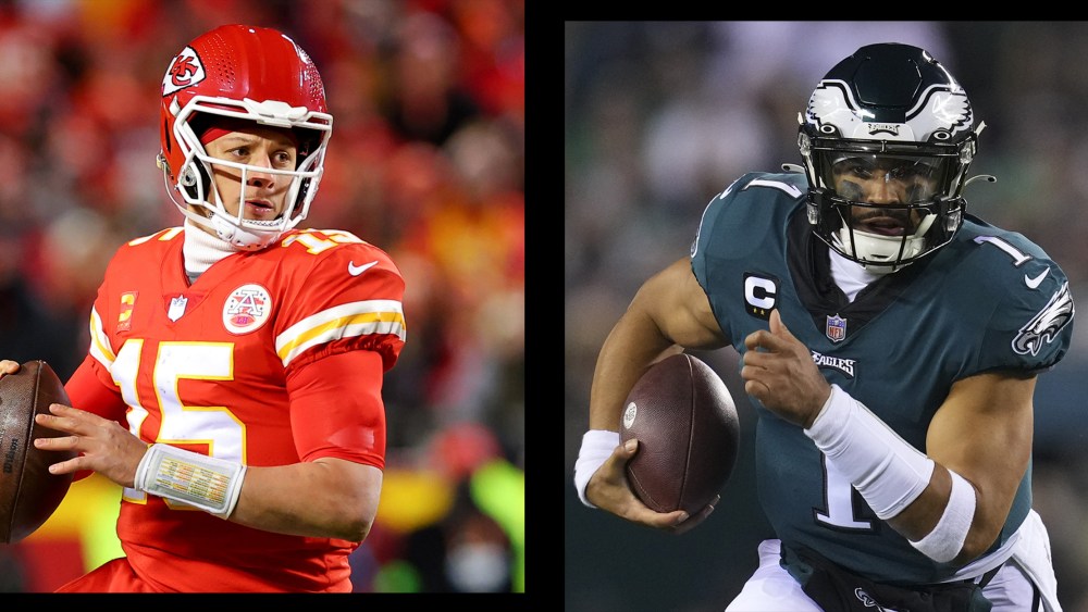 A side by side of Patrick Mahomes and Jalen Hurts.