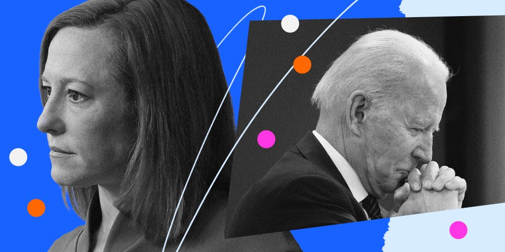 Photo illustration of Jen Psaki and President Joe Biden, holding his clasped hands to his face.